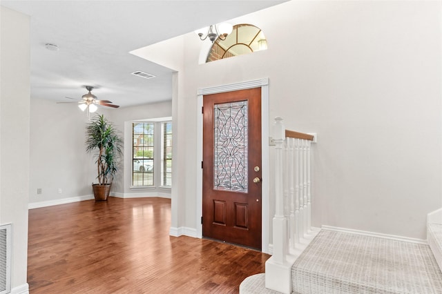 entrance foyer featuring ceiling fan and hardwood / wood-style floors