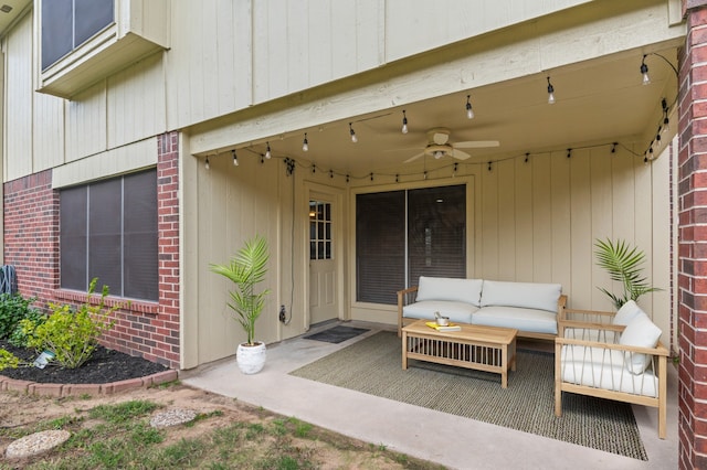 view of patio with an outdoor living space and ceiling fan