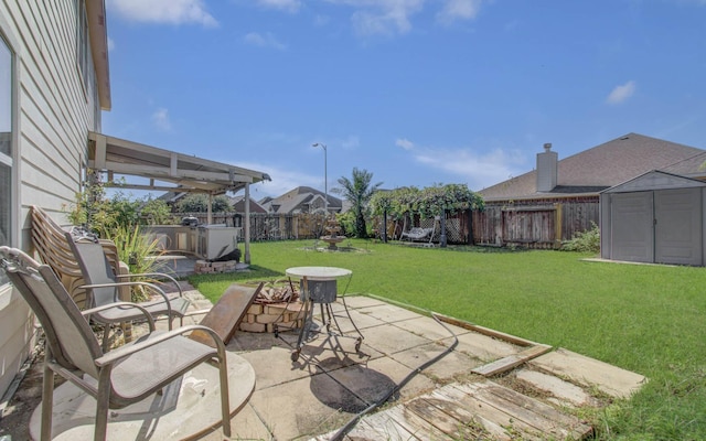 view of patio / terrace featuring a storage shed and a hot tub