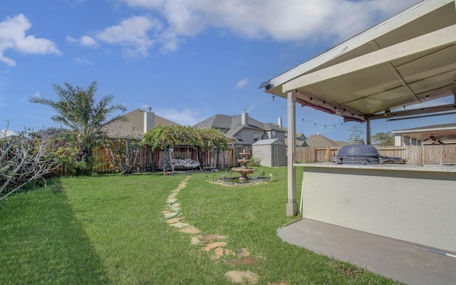 view of yard with a storage shed