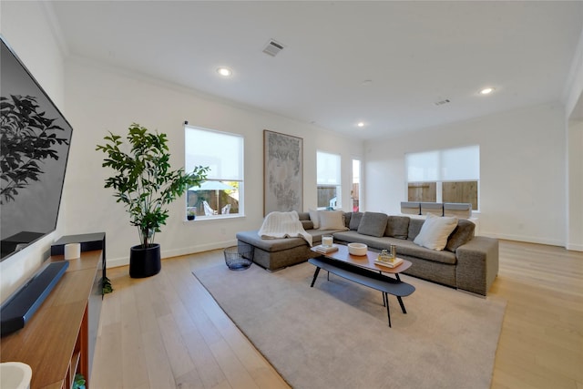 living room featuring ornamental molding and light hardwood / wood-style floors