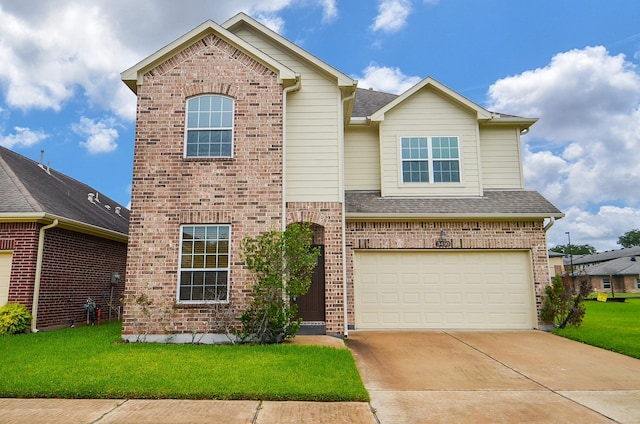 traditional home featuring brick siding, a shingled roof, an attached garage, a front yard, and driveway