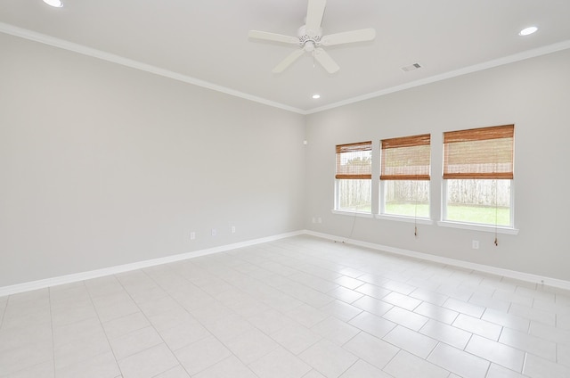 empty room with baseboards, visible vents, ceiling fan, crown molding, and recessed lighting