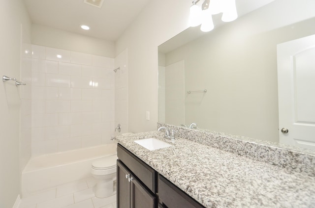 full bathroom with bathtub / shower combination, tile patterned flooring, toilet, visible vents, and vanity