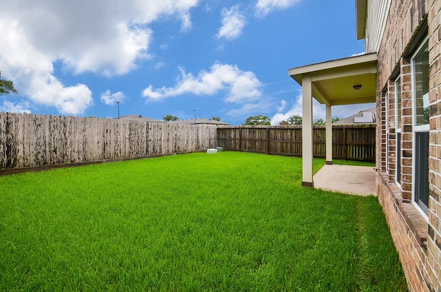 view of yard featuring a fenced backyard and a patio