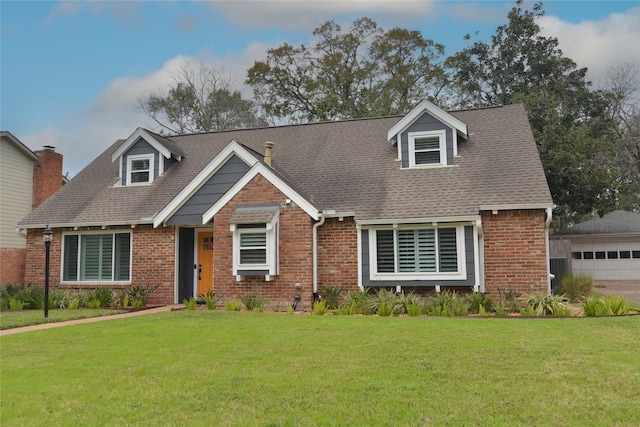 view of front of home with a front yard and a garage