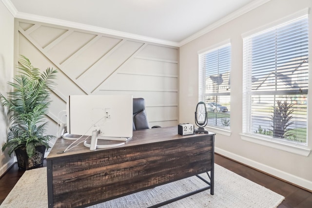 home office featuring dark hardwood / wood-style floors and ornamental molding