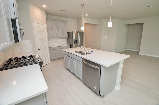 kitchen with a center island with sink, sink, hanging light fixtures, decorative backsplash, and stainless steel appliances