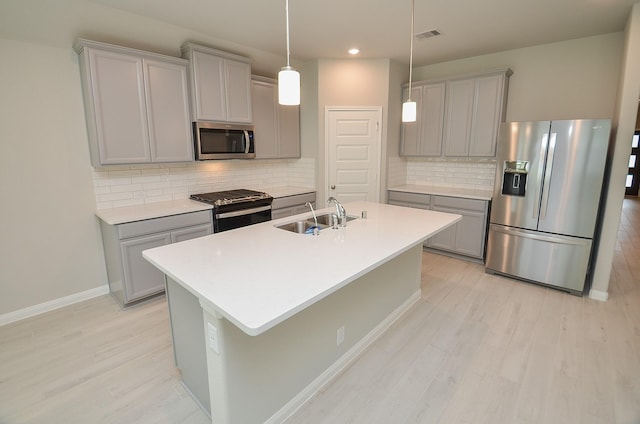 kitchen with gray cabinetry, sink, backsplash, a kitchen island with sink, and appliances with stainless steel finishes