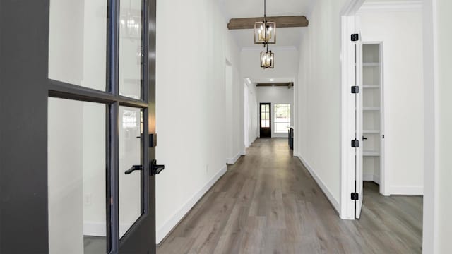 hall with light hardwood / wood-style floors, ornamental molding, and a notable chandelier