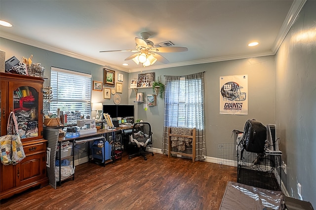 office featuring ceiling fan, dark hardwood / wood-style flooring, a healthy amount of sunlight, and ornamental molding