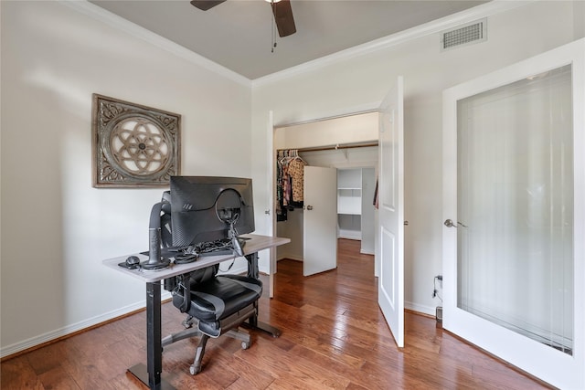 office space featuring hardwood / wood-style floors, ceiling fan, and crown molding