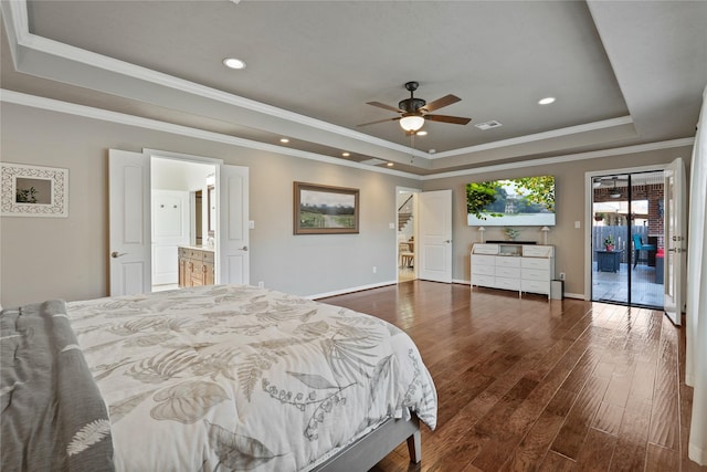 bedroom featuring access to exterior, ornamental molding, a tray ceiling, ceiling fan, and dark wood-type flooring