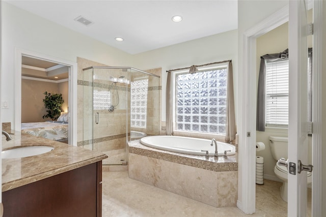 full bathroom with tile patterned floors, crown molding, toilet, vanity, and independent shower and bath