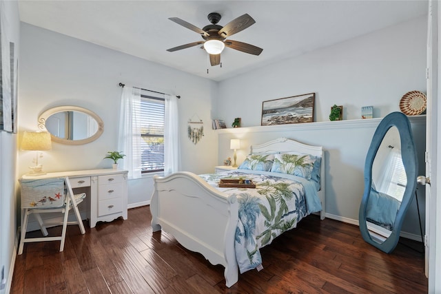 bedroom featuring ceiling fan and dark wood-type flooring