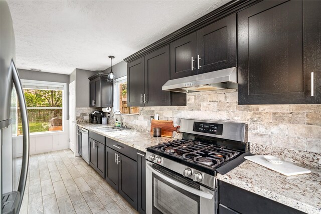 kitchen with appliances with stainless steel finishes, decorative light fixtures, a healthy amount of sunlight, and sink