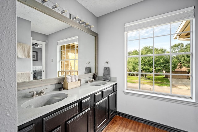 bathroom with plenty of natural light, vanity, and a textured ceiling