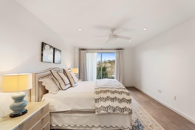 bedroom featuring ceiling fan and carpet flooring