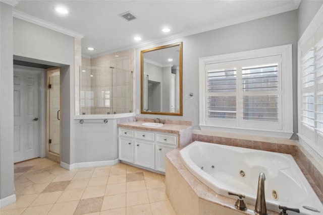 bathroom with tile patterned floors, vanity, separate shower and tub, and ornamental molding