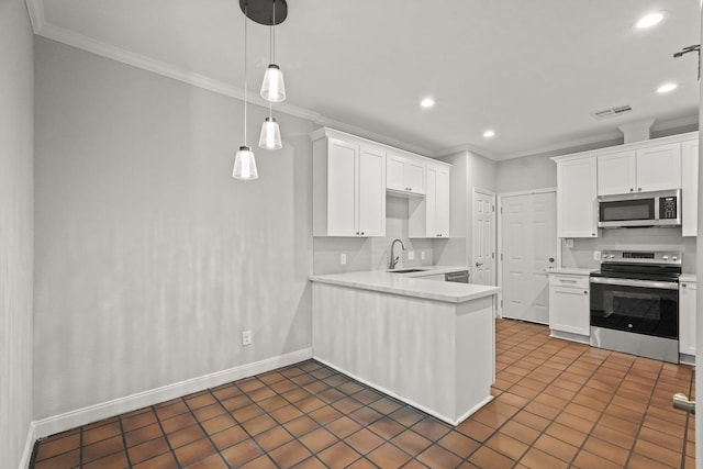 kitchen featuring tasteful backsplash, light countertops, appliances with stainless steel finishes, white cabinetry, and a sink