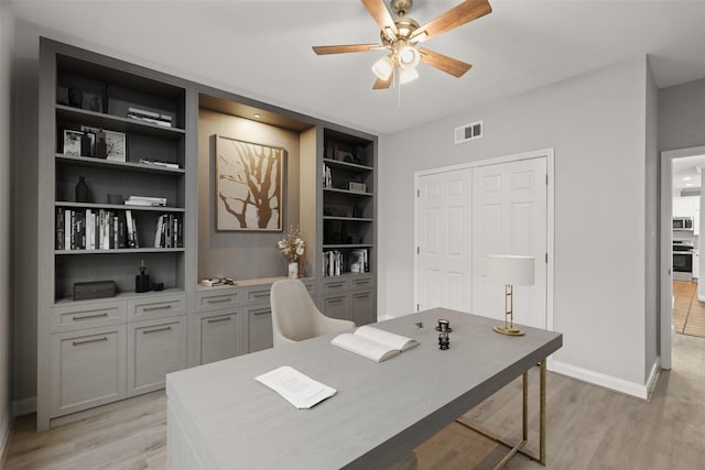 office area featuring baseboards, visible vents, a ceiling fan, light wood-style floors, and built in shelves