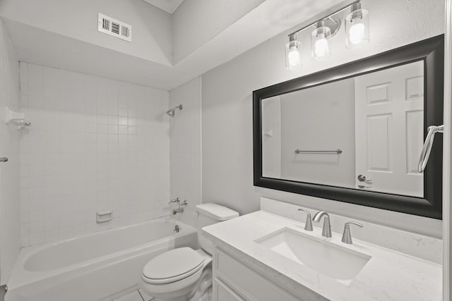 full bathroom featuring  shower combination, visible vents, toilet, and vanity