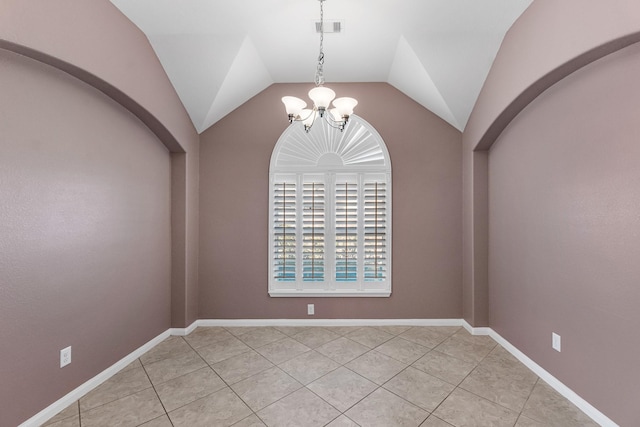 unfurnished dining area with lofted ceiling, light tile patterned floors, and a chandelier