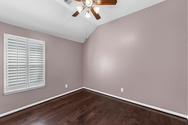 unfurnished room with hardwood / wood-style flooring, ceiling fan, and lofted ceiling