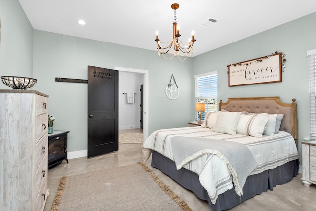 bedroom with a wood stove and a chandelier