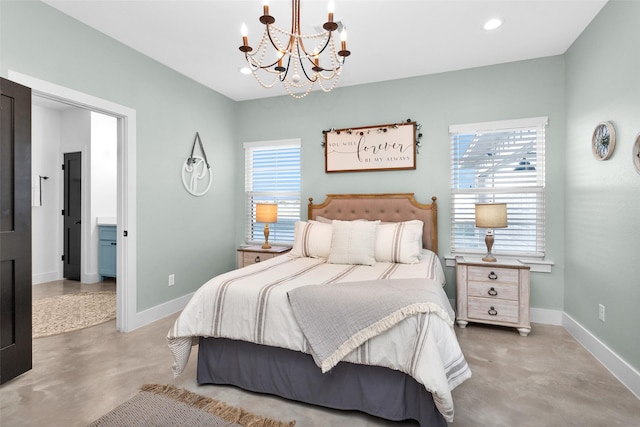 bedroom featuring a chandelier, concrete flooring, and multiple windows