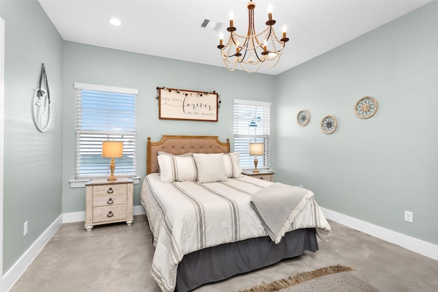 bedroom with a chandelier