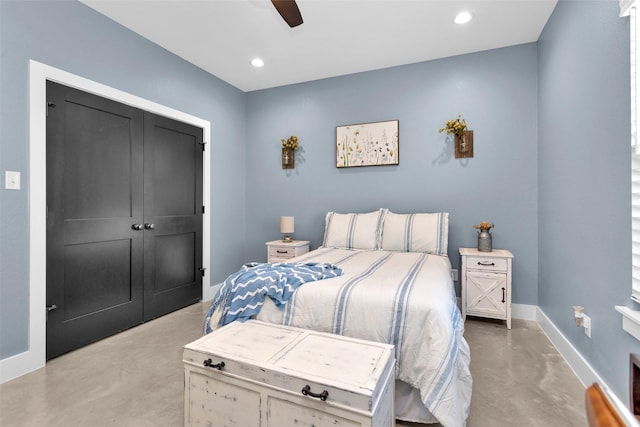 bedroom with ceiling fan and a closet