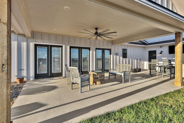 view of patio / terrace featuring outdoor lounge area, ceiling fan, and french doors