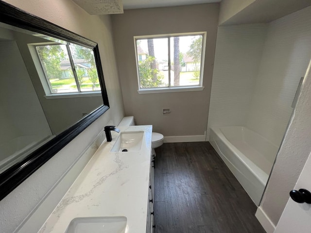 bathroom featuring wood-type flooring, vanity, and toilet