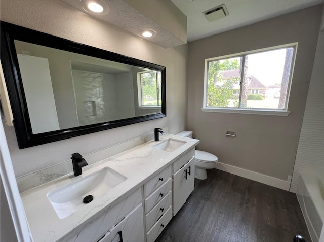 bathroom featuring vanity, wood-type flooring, and toilet