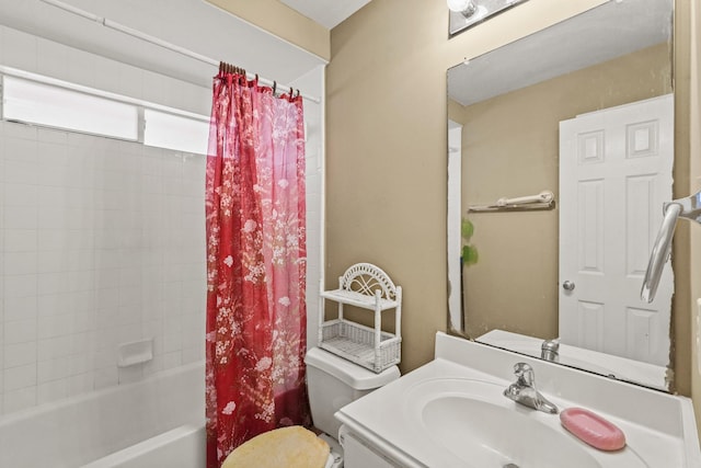 full bathroom with vanity, toilet, and shower / bathtub combination with curtain