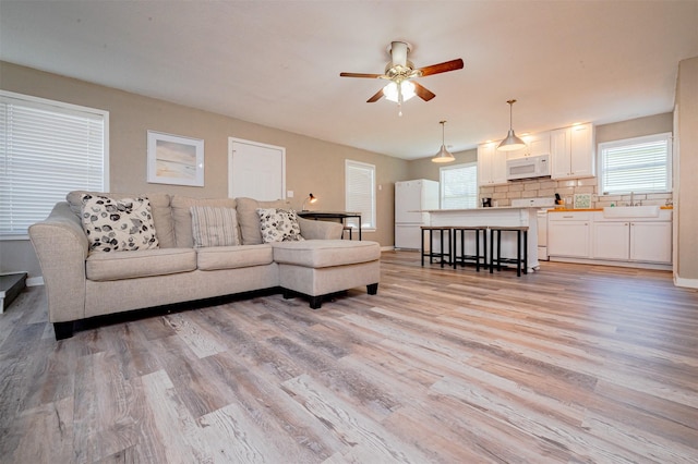 living room featuring a healthy amount of sunlight, light wood-type flooring, and sink