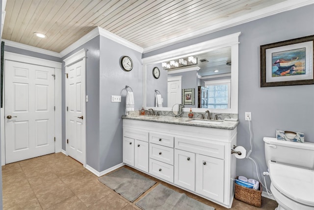 bathroom featuring vanity, toilet, ornamental molding, and wooden ceiling