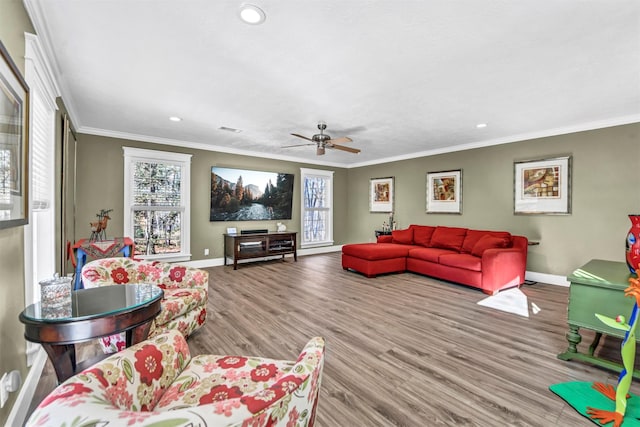 living room with ceiling fan, light hardwood / wood-style flooring, and crown molding