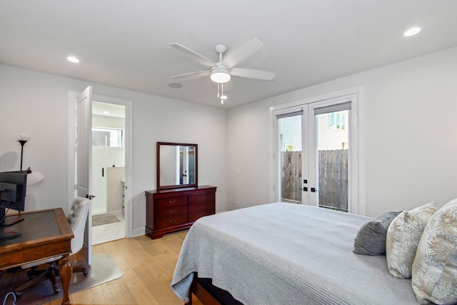 bedroom with ensuite bathroom, french doors, access to exterior, ceiling fan, and light hardwood / wood-style flooring