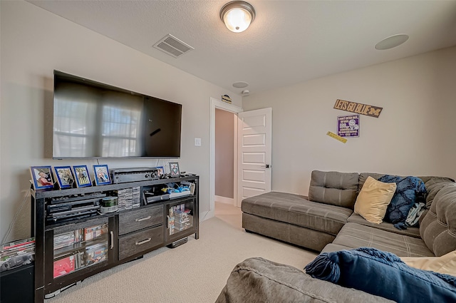 carpeted living room with a textured ceiling