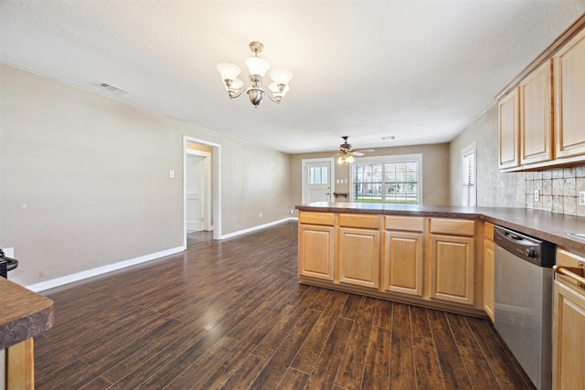 kitchen with kitchen peninsula, backsplash, dark hardwood / wood-style floors, and stainless steel dishwasher