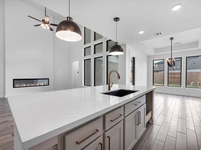 3248 Stingray Cove Dr, Katy, TX 77493 - kitchen featuring a sink, dark wood-type flooring, visible vents, a center island with sink, and a tray ceiling