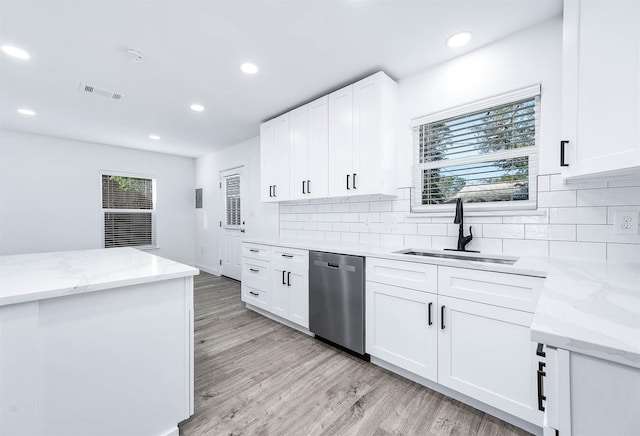 kitchen featuring white cabinets, dishwasher, light stone counters, and sink