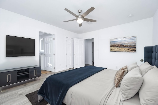 bedroom featuring ceiling fan and light hardwood / wood-style floors