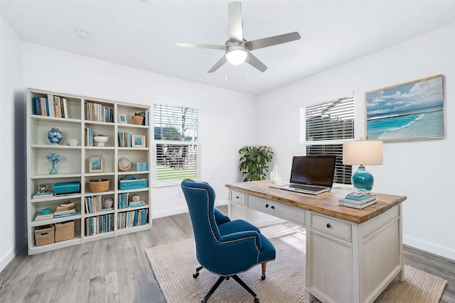 office featuring light hardwood / wood-style flooring and ceiling fan