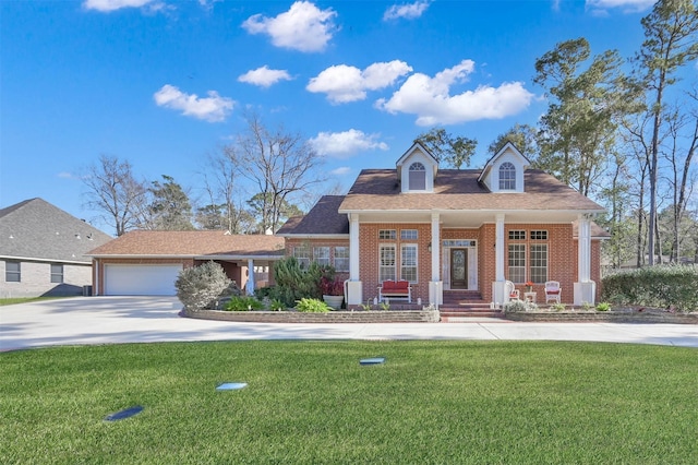 view of front facade featuring a garage, covered porch, and a front lawn