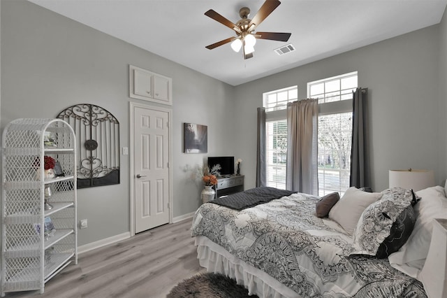 bedroom featuring ceiling fan and light hardwood / wood-style flooring