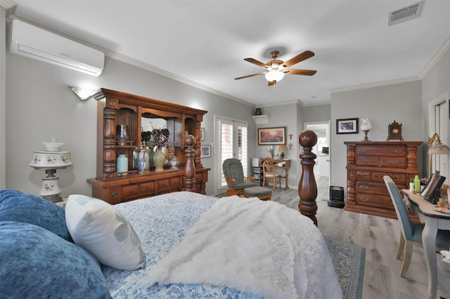 bedroom featuring a wall mounted AC, ceiling fan, light hardwood / wood-style flooring, and crown molding