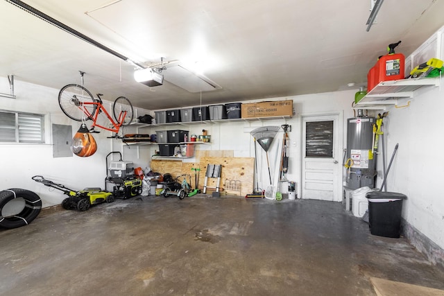 garage with electric panel, water heater, and a garage door opener